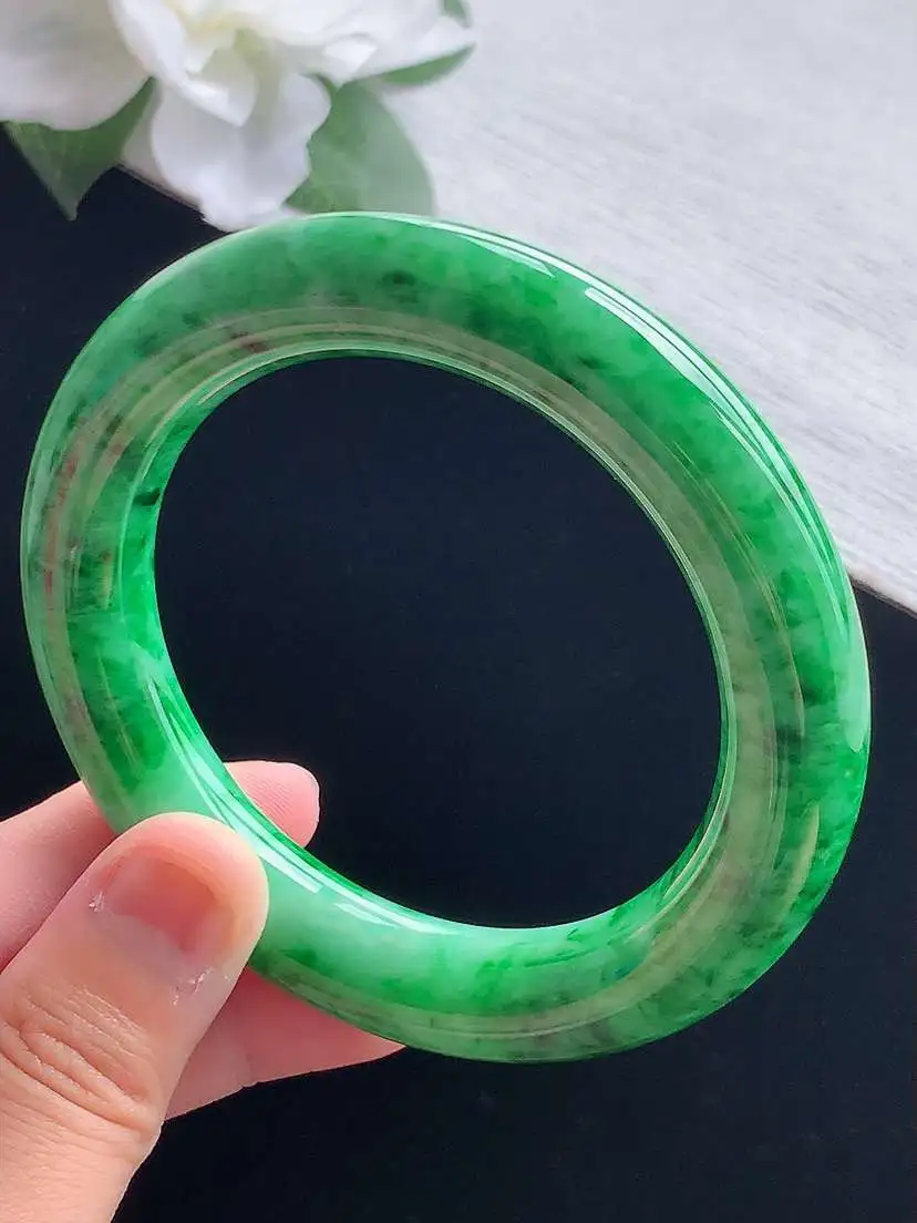 a货翡翠老坑冰种满绿圆条手镯56-57圈口  尺寸56.5×12mm 重量78.85g 0917 A