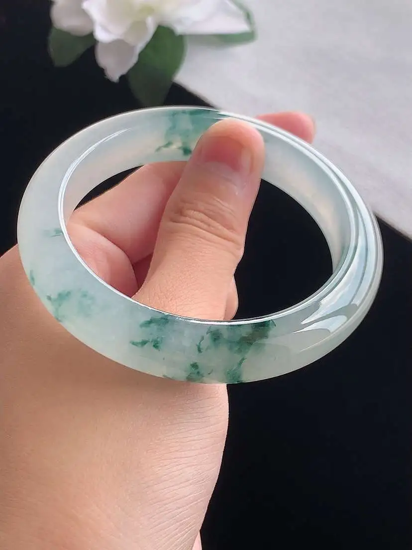 a货翡翠老坑冰种飘花正装正圈手镯57-58圈口  尺寸57.5×12.2×8.8mm 重量64.86g 0918