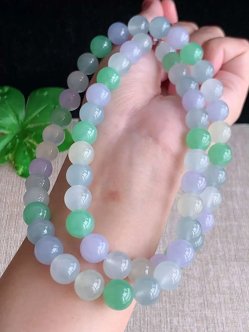 a货翡翠老坑冰种多彩圆珠项链毛衣链60颗  尺寸9.8mm 重量108.00g 0918 B23