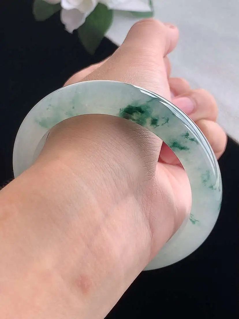 a货翡翠老坑冰种飘花正装正圈手镯57-58圈口  尺寸57.5×12.2×8.8mm 重量64.86g 0918