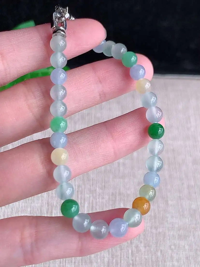 a货翡翠老坑冰种多彩圆珠佛珠手串31颗 尺寸5.2mm 重量10.45g 0921