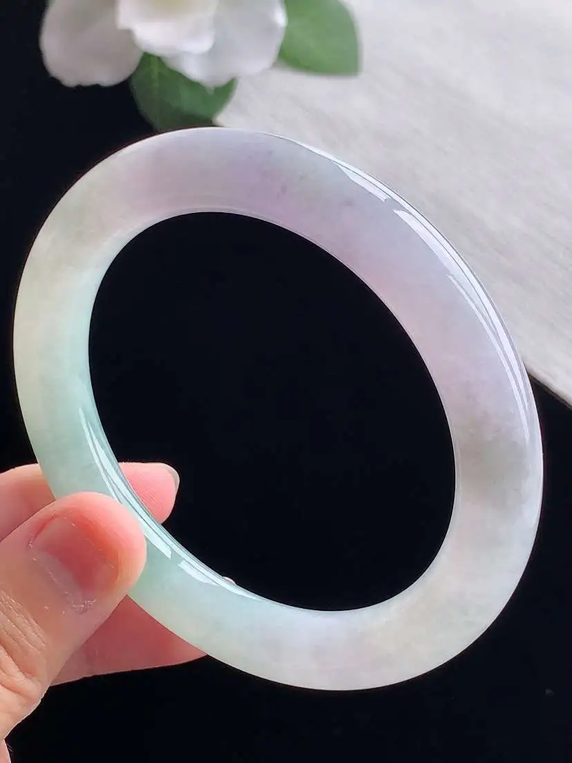 a货翡翠老坑冰种紫罗兰飘花圆条手镯57-58圈口  尺寸57×9.8mm 重量54.16g 0923