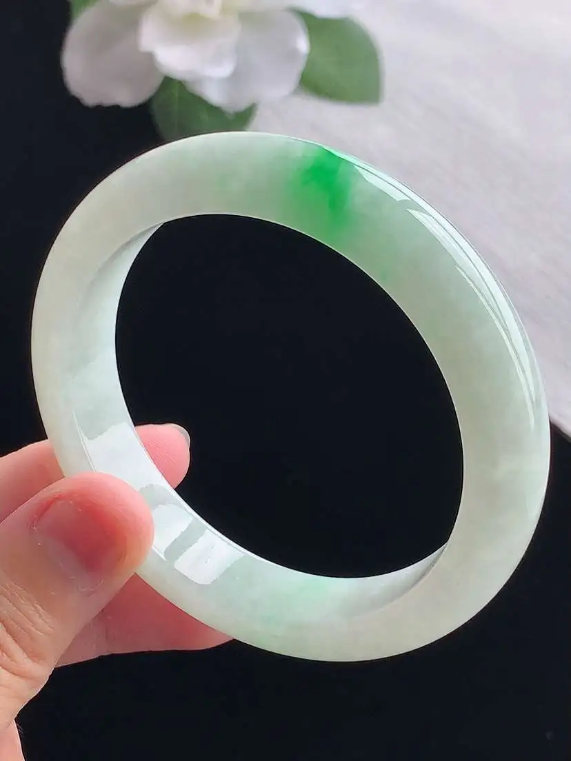 a货翡翠老坑冰种飘阳绿正装正圈手镯54-55圈口  尺寸54.8×12×7.8mm 重量55.00g 0923