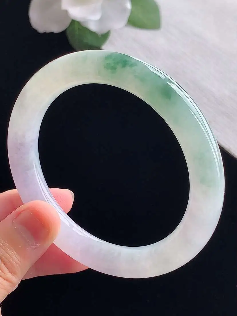 a货翡翠老坑冰种紫罗兰飘花圆条手镯57-58圈口  尺寸57×9.8mm 重量54.16g 0923