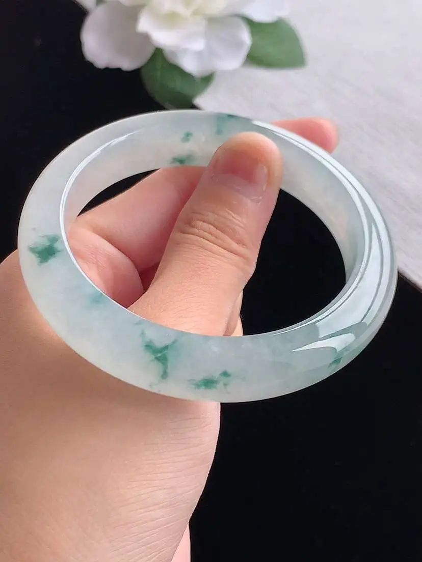 a货翡翠老坑冰种飘花正装正圈手镯57-58圈口  尺寸57.3×12.7×9mm 重量65.70g 0924