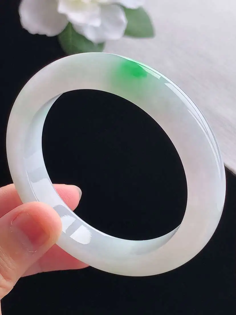 a货翡翠老坑冰种飘阳绿正装正圈手镯53-54圈口  尺寸53×11×8.8mm 重量54.66g 0924