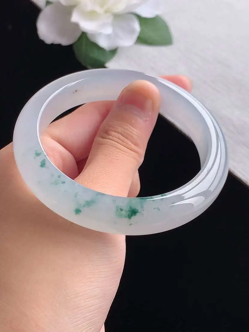 a货翡翠老坑冰种飘花正装正圈手镯57-58圈口  尺寸57.2×12.3×8mm 重量61.48g 0924