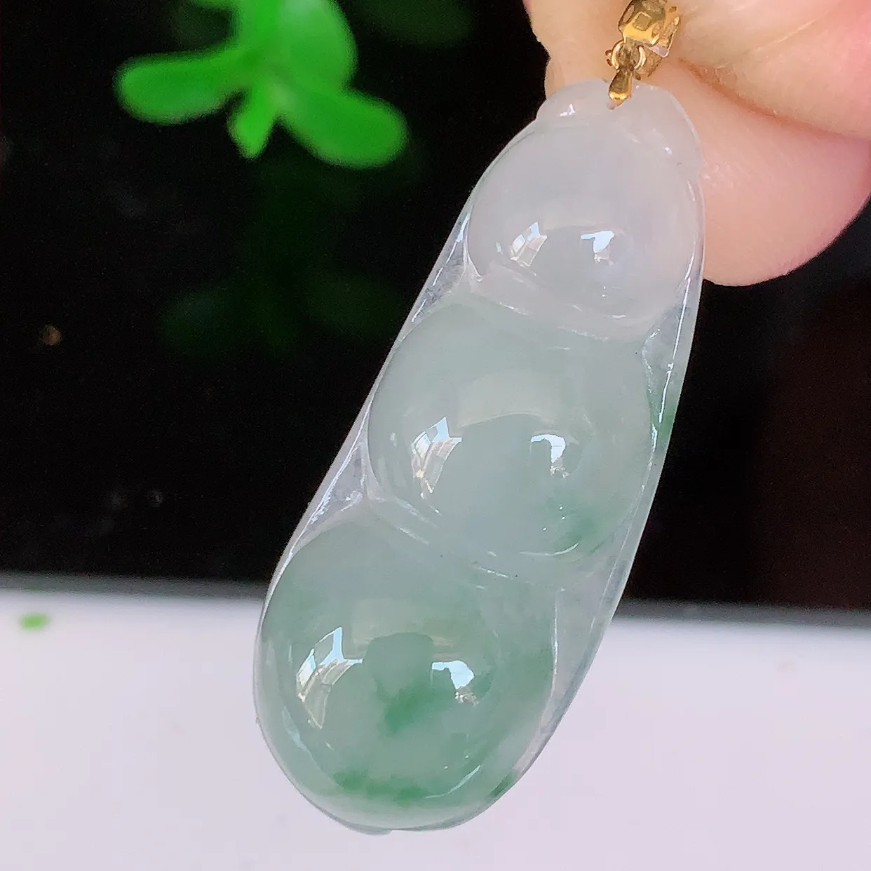 18K金镶嵌冰润飘花翡翠四季豆吊坠，平安豆福豆玉坠，冰润通透，豆粒饱满，寓意：豆蔻年华！#49.31