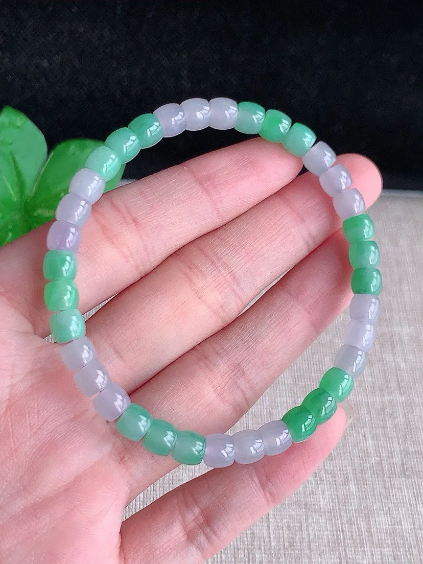 a货翡翠老坑冰种白月光飘绿路路通手串36颗 尺寸4.6×5.5mm 重量13.68g 0830