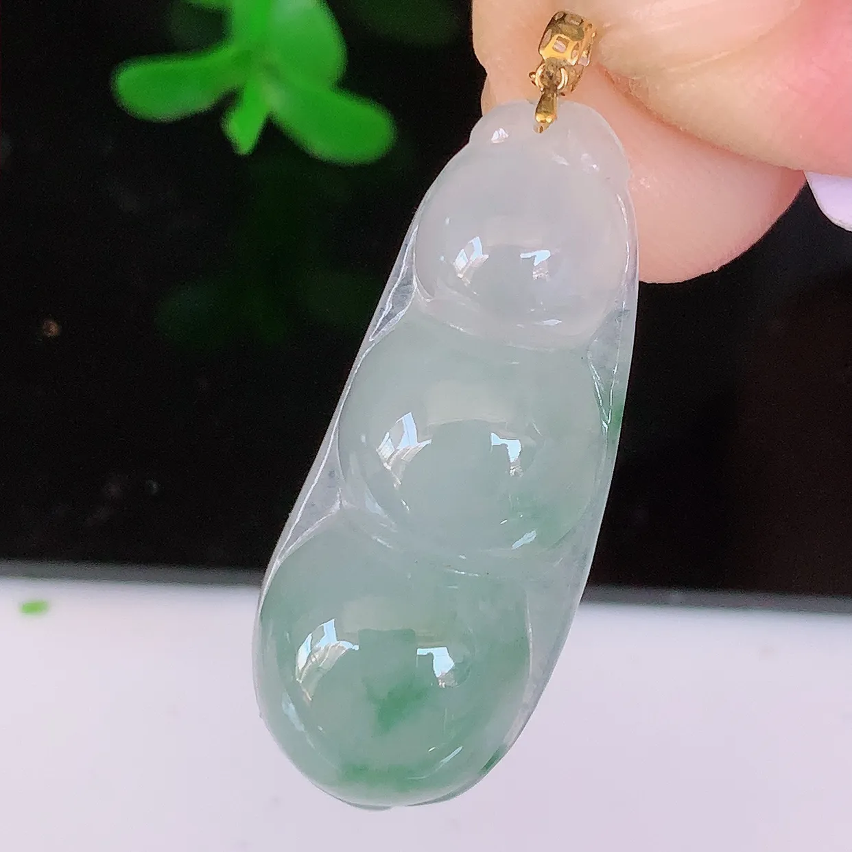 18K金镶嵌冰润飘花翡翠四季豆吊坠，平安豆福豆玉坠，冰润通透，豆粒饱满，寓意：豆蔻年华！#49.31