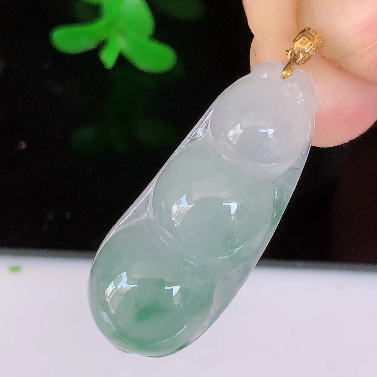 18K金镶嵌冰润飘花翡翠四季豆吊坠，平安豆福豆玉坠，冰润通透，豆粒饱满，寓意：豆蔻年华！#49.31