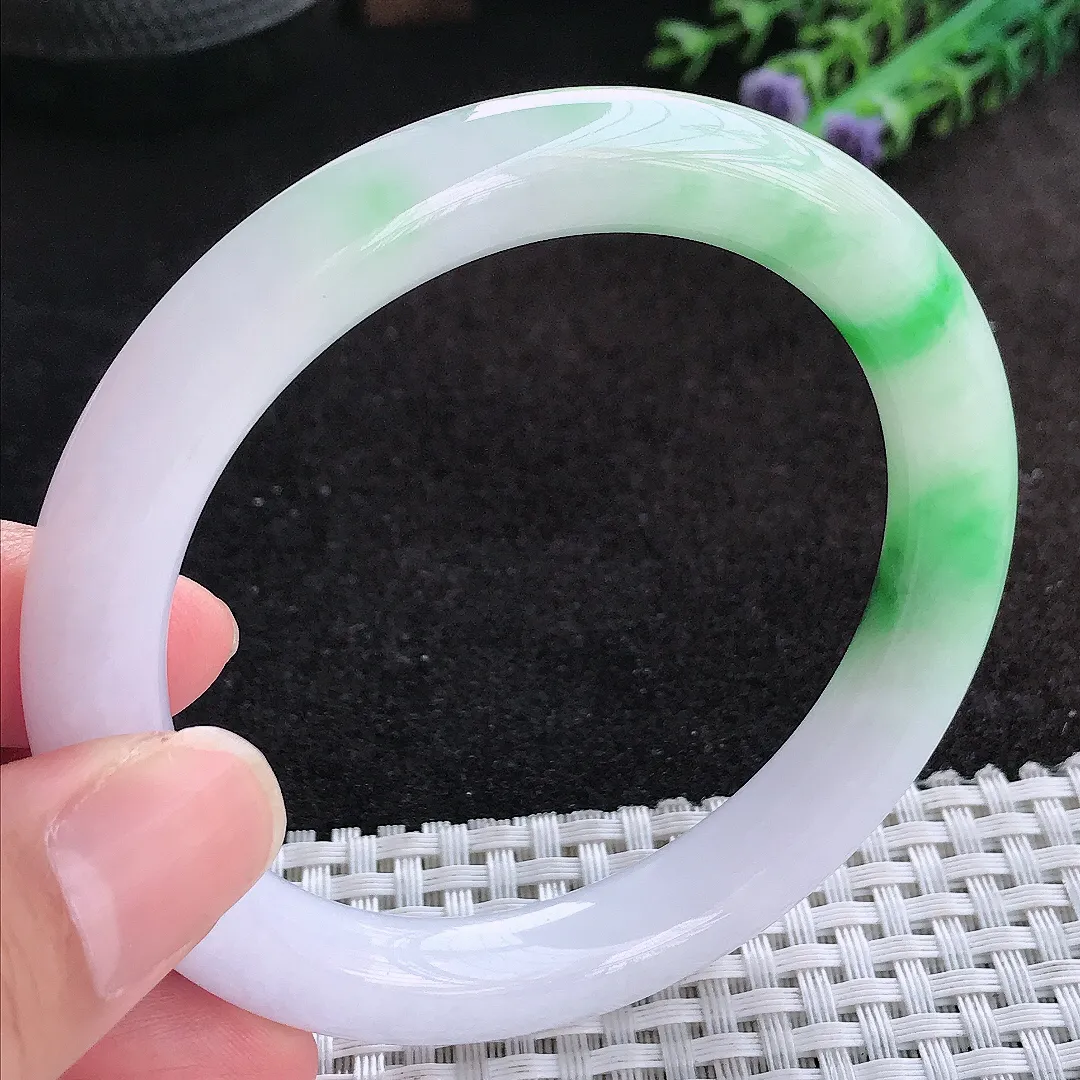 自然光59/10/9.5老坑冰润飘阳绿大圈口圆条手镯天然翡翠玉镯女款