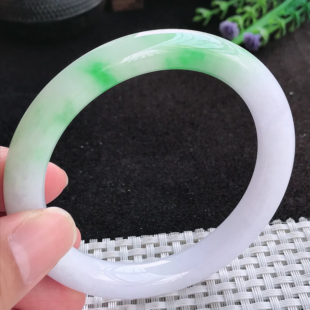 自然光59/10/9.5老坑冰润飘阳绿大圈口圆条手镯天然翡翠玉镯女款