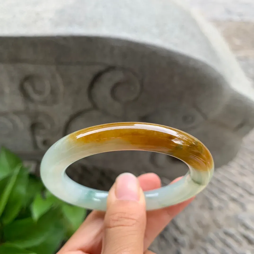 圈口54-9.5 【飘花黄翡圆条手镯】圆条54 55可戴