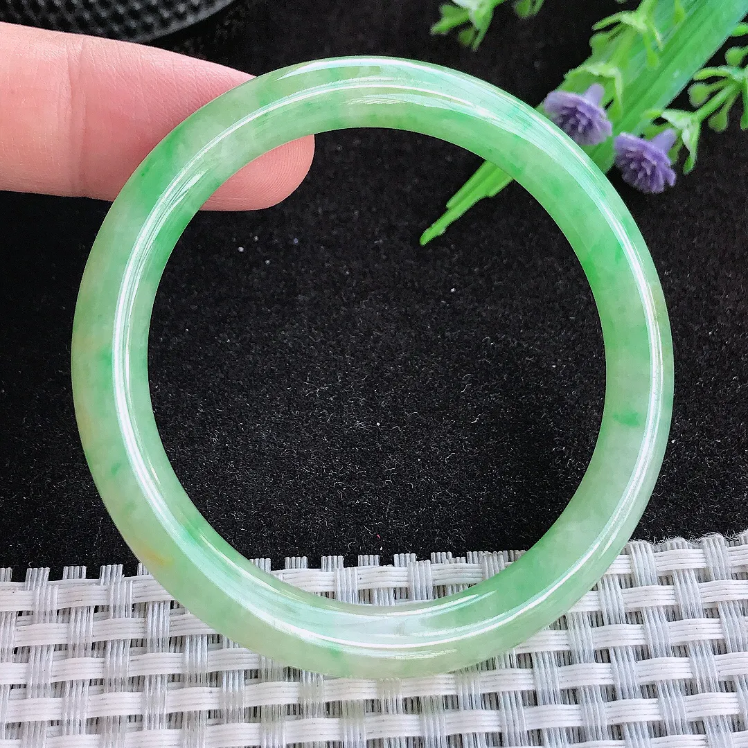 自然光50.5/7.3/7.5老坑冰润满绿圆条手镯天然翡翠玉镯女款