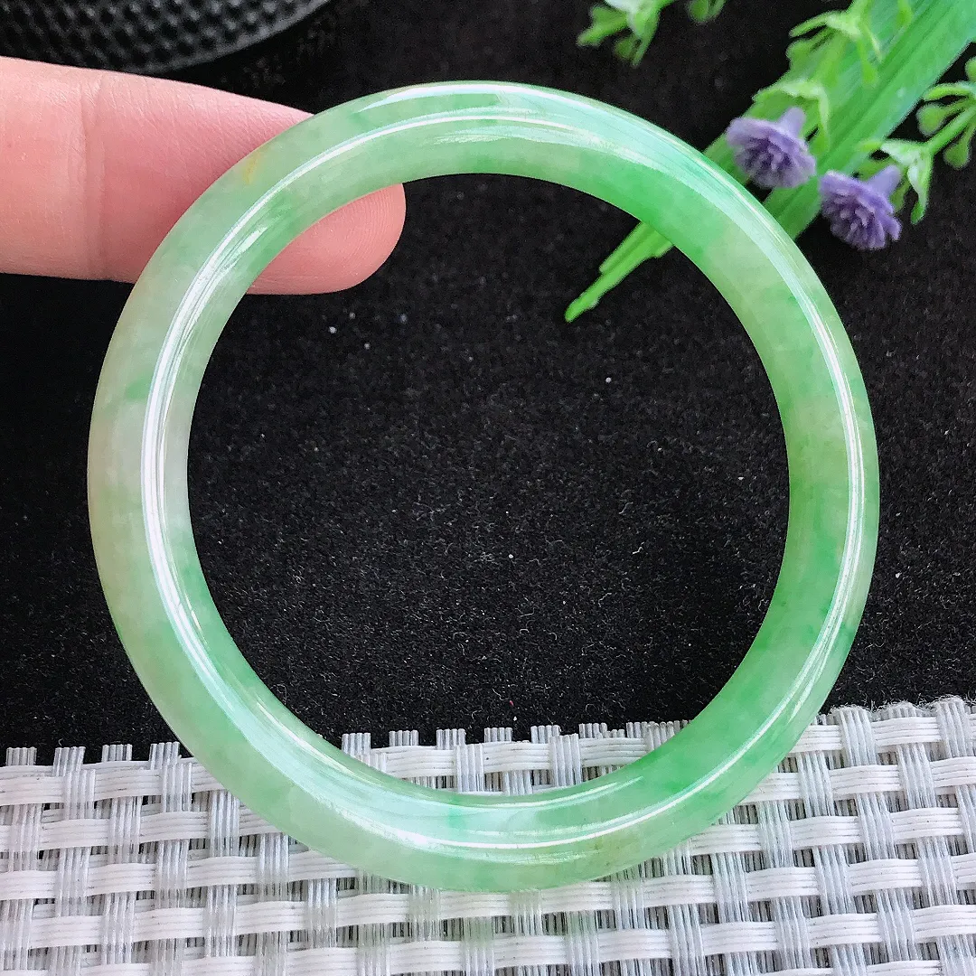 自然光50.5/7.3/7.5老坑冰润满绿圆条手镯天然翡翠玉镯女款