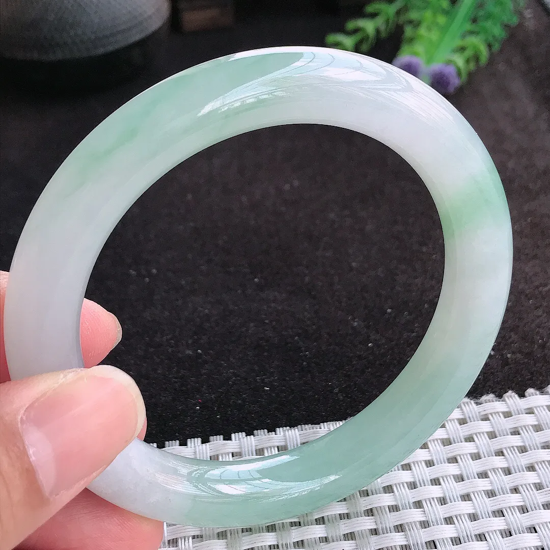自然光59/10.7/10.4老坑冰胶果冻胶飘花圆条手镯天然翡翠玉镯女款