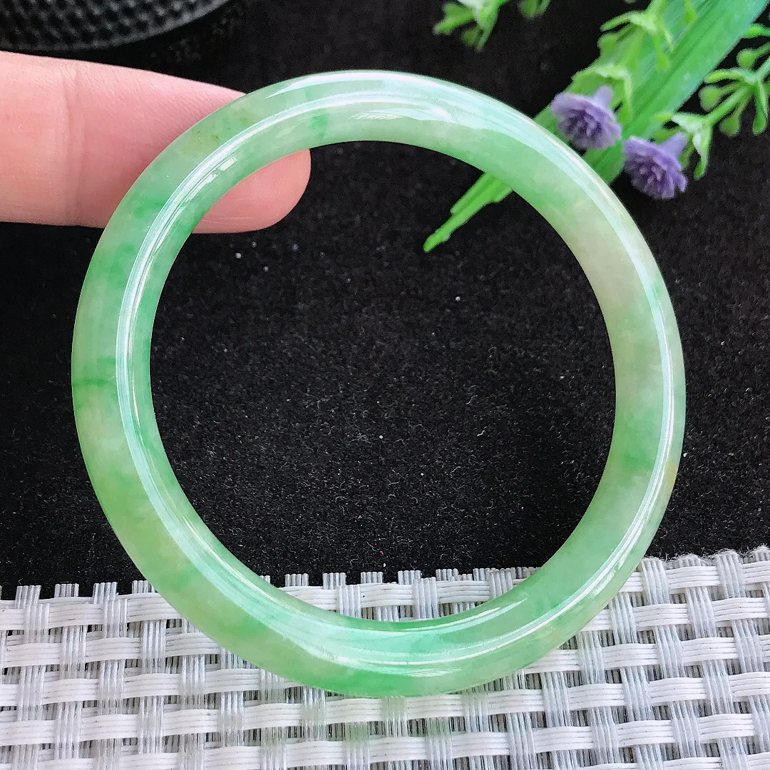 自然光50.5/7.3/7.5老坑冰润满绿圆条手镯天然翡翠玉镯女款