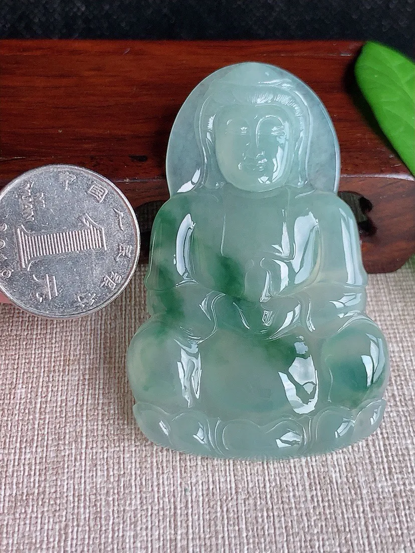 a货翡翠老坑冰种飘花大正装观音吊坠 尺寸65×41.2×5.5mm 重量26.63g 0902