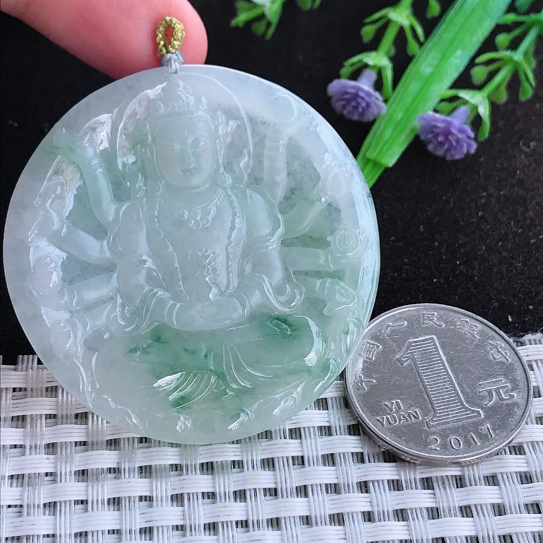 自然光50.5/5.8老坑冰胶水灵飘花千手观音吊坠翡翠玉石挂件