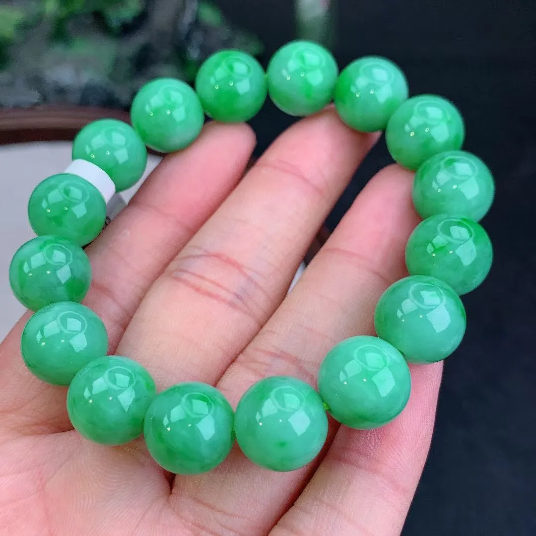 缅甸天然翡翠A货 老坑料起胶冰润 满绿圆珠手串 手链  
尺寸12.5mm   y  53.44