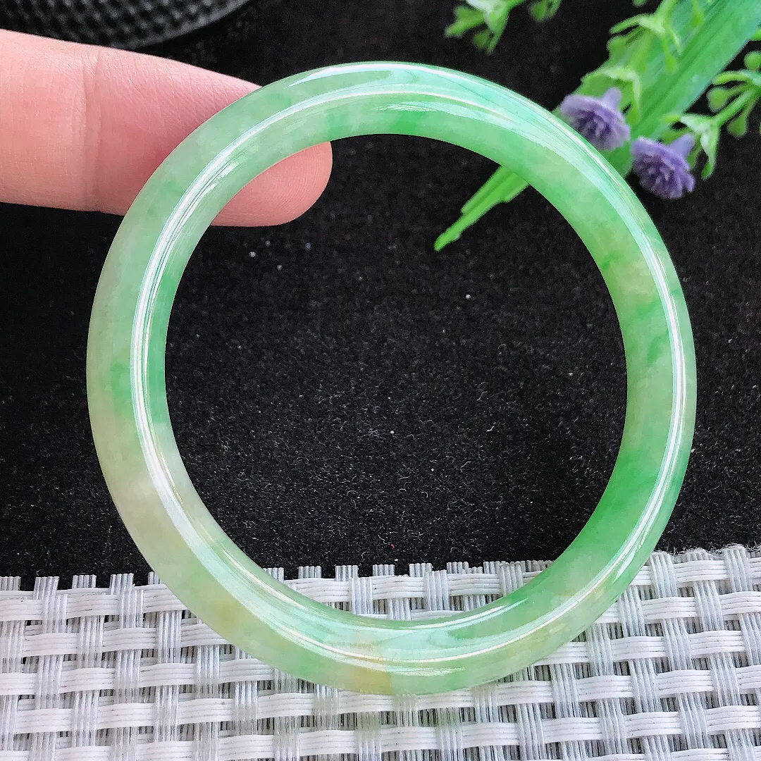 自然光50.5/7.3/7.5老坑冰润满绿圆条手镯天然翡翠玉镯女款
