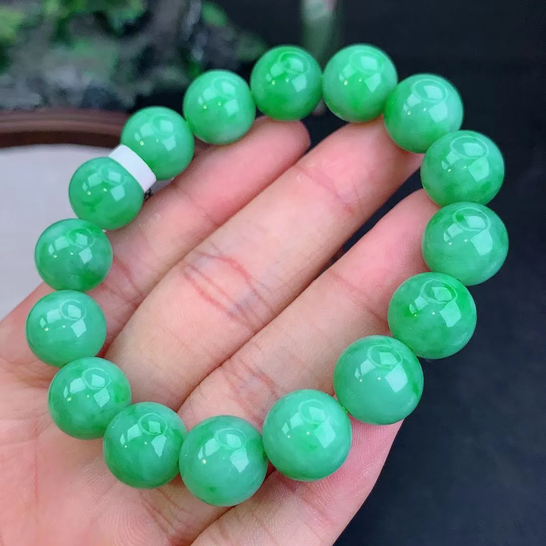 缅甸天然翡翠A货 老坑料起胶冰润 满绿圆珠手串 手链  
尺寸12.5mm   y  53.44