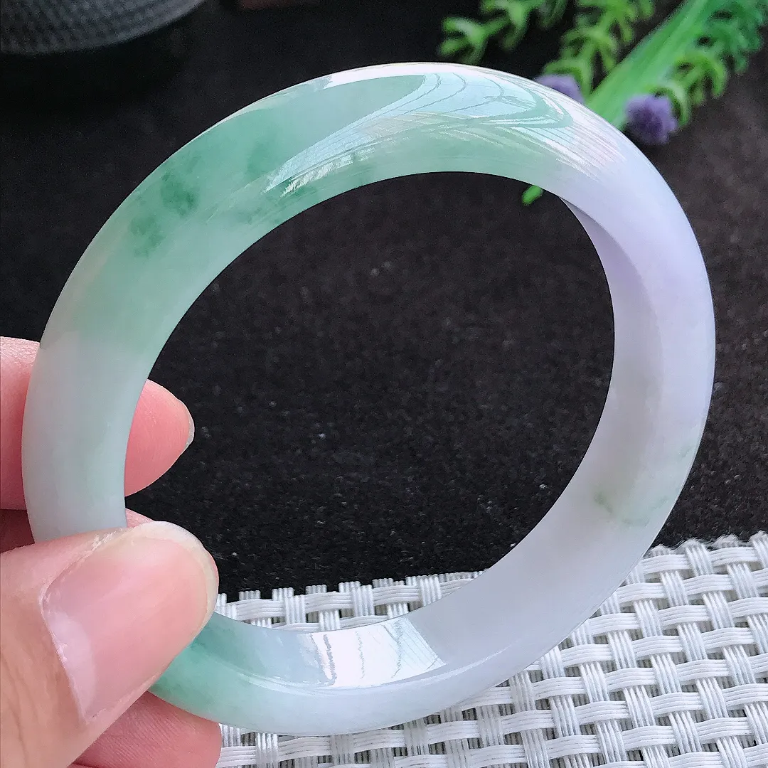 自然光57/12.2/8.6老坑冰润起胶飘花手镯天然翡翠玉镯女款