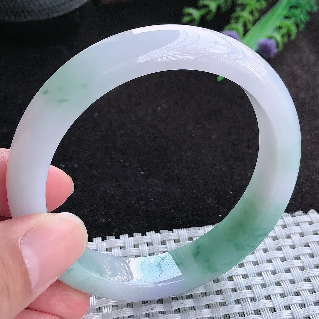 自然光58.5/13/8.6老坑冰润水灵春带彩飘花手镯天然翡翠玉镯女款