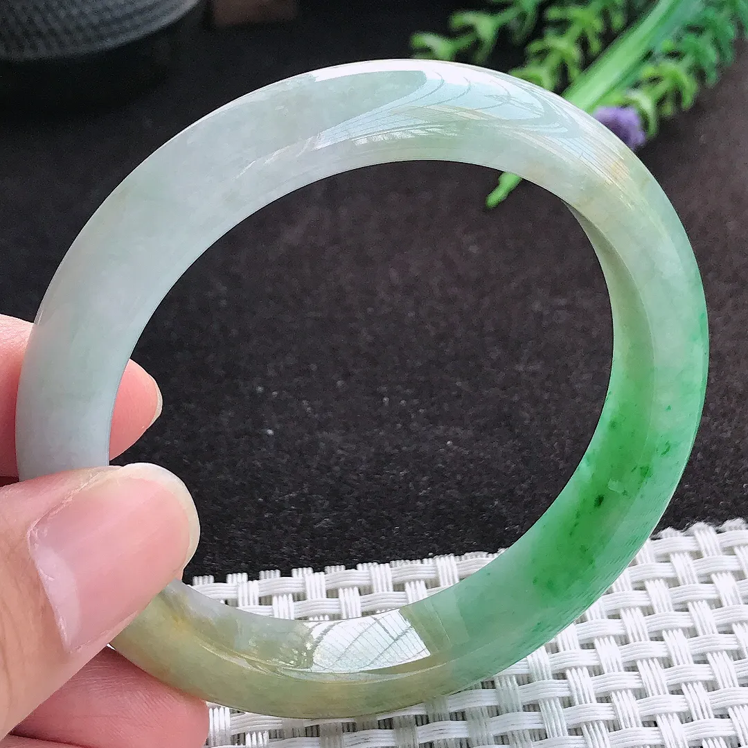 自然光58/12/8.5老坑精美冰润双彩飘阳绿手镯天然翡翠玉镯百搭女款