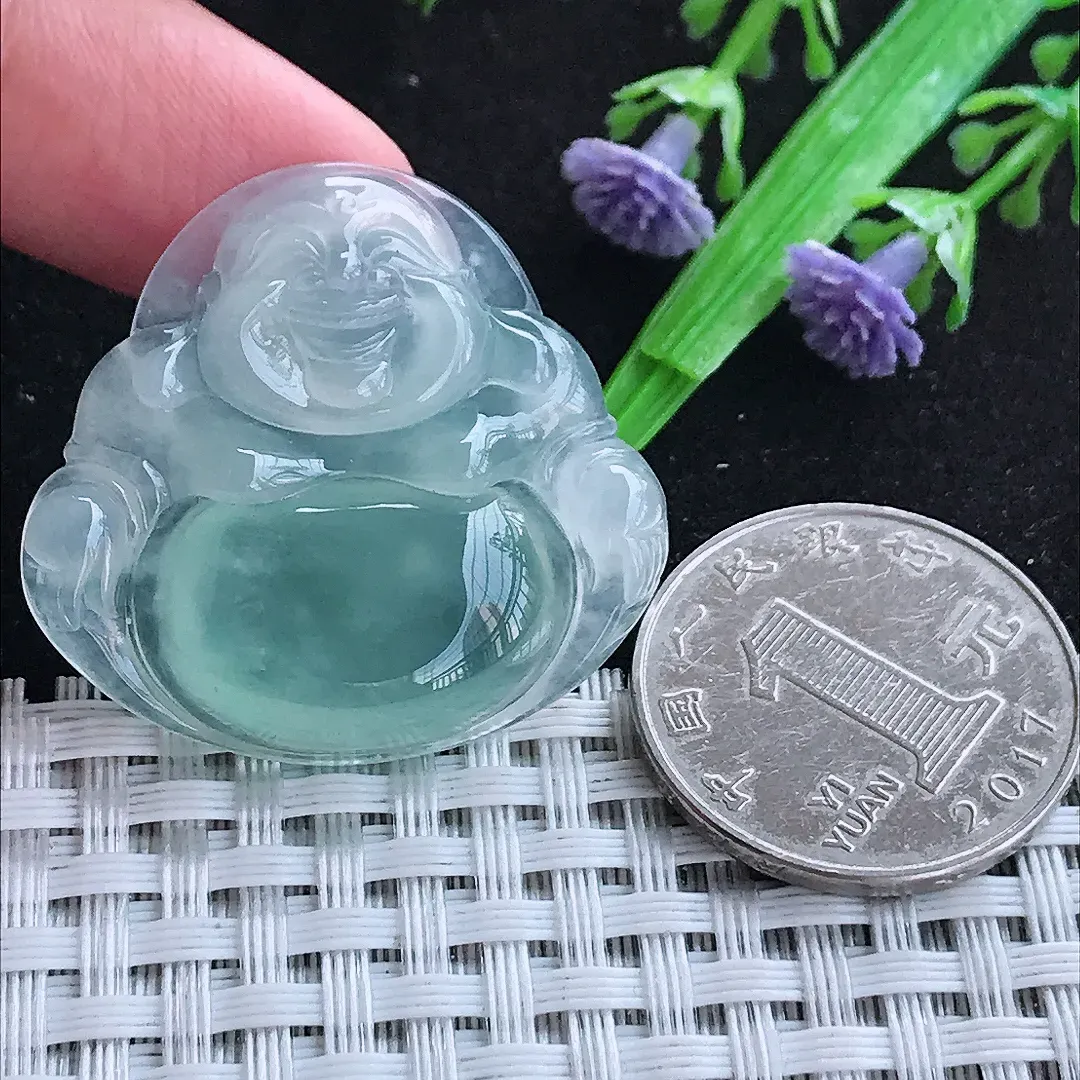 自然光33/35/6.3老坑冰种果冻胶冰纯天空蓝佛公吊坠天然翡翠玉坠挂件