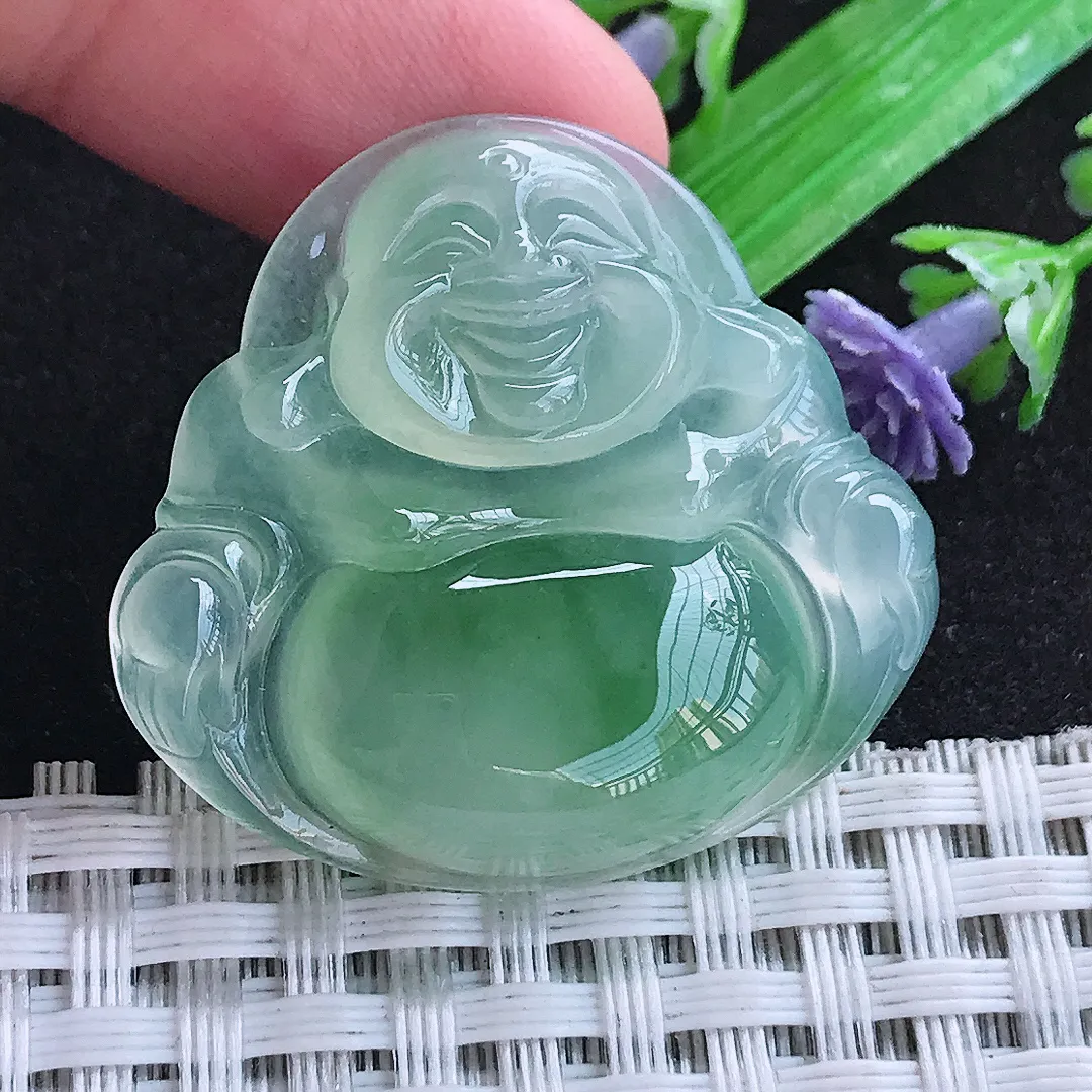 自然光31.5/34.2/7老坑冰种果冻胶冰阳绿佛公吊坠天然翡翠玉坠挂件