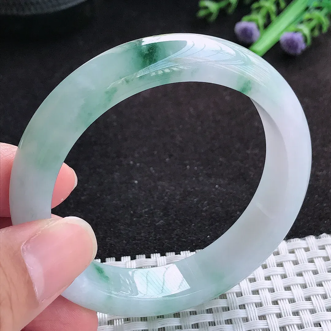 自然光55/13.3/8.4老坑冰润起胶飘花宽边手镯天然翡翠玉镯百搭女款