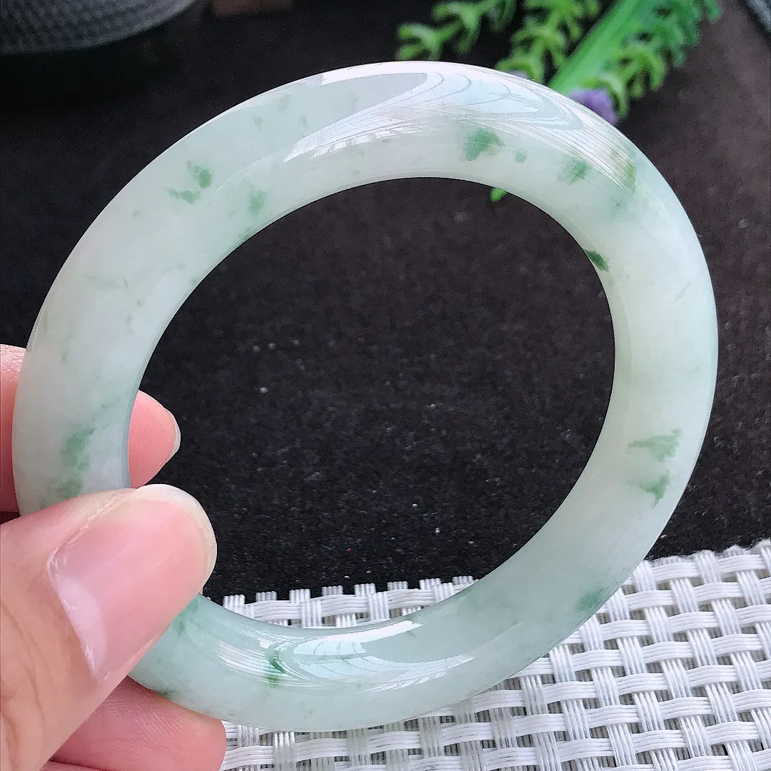 自然光54/10.8老坑精美冰润飘花胖圆条手镯天然翡翠玉镯百搭女款