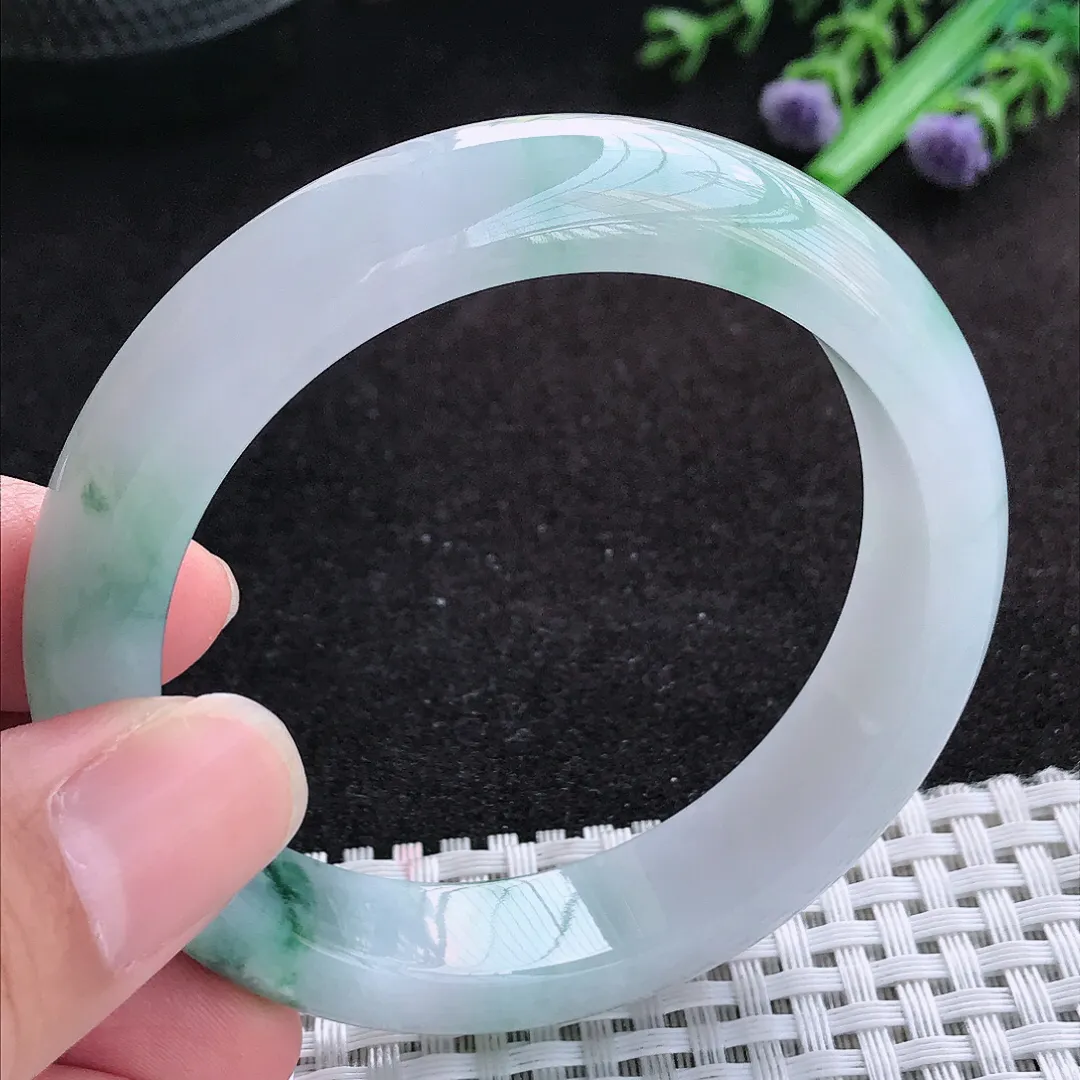 自然光55/13.3/8.4老坑冰润起胶飘花宽边手镯天然翡翠玉镯百搭女款