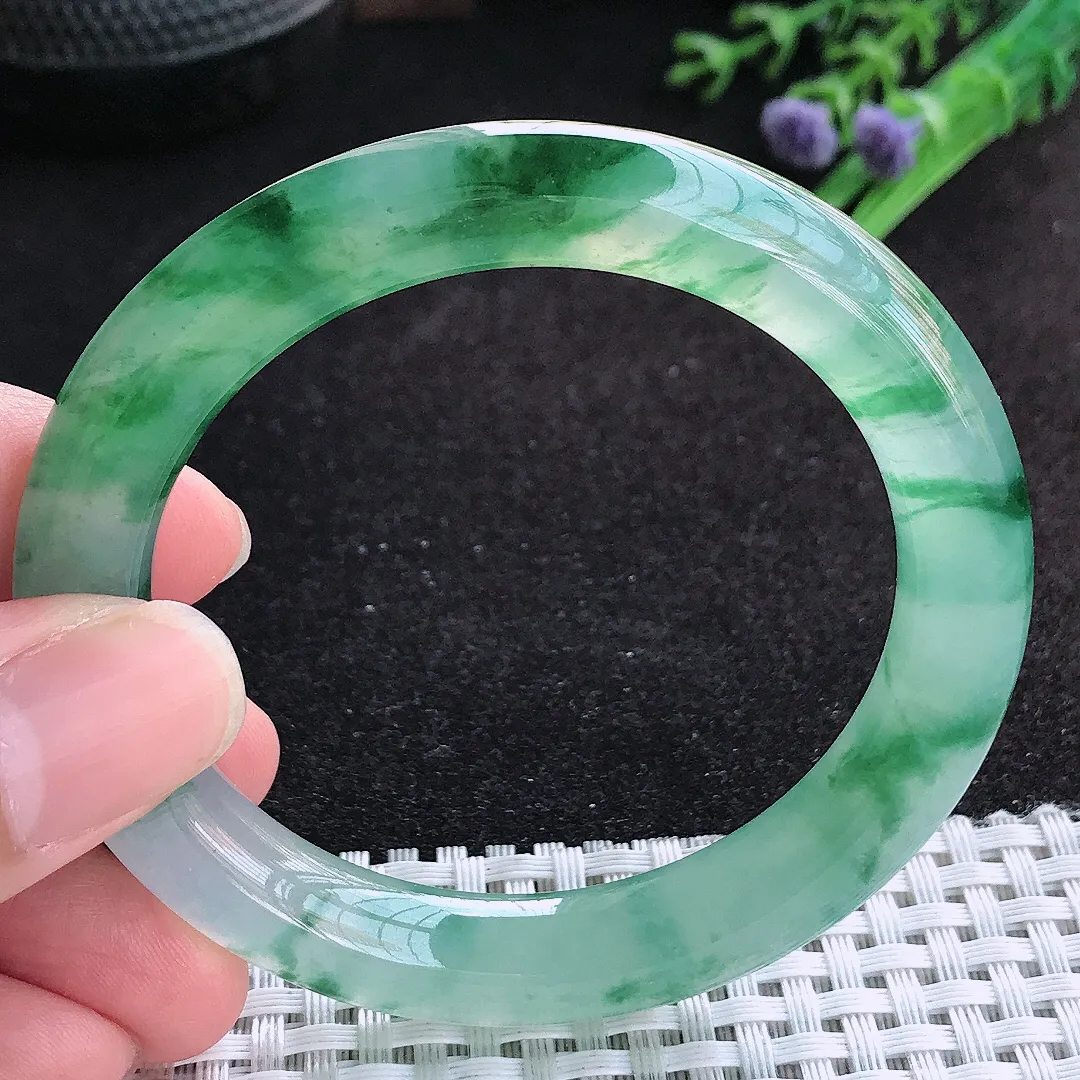 自然光53/10.2/9.5老坑冰种果冻胶冰飘花圆条手镯天然翡翠玉镯百搭收藏款