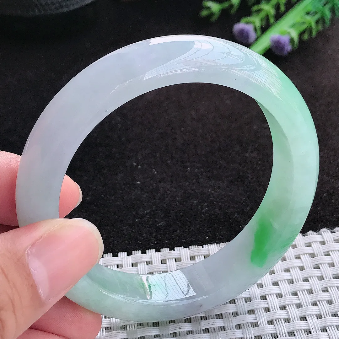 自然光56.5/13.7/8.6老坑冰胶果冻飘阳绿手镯天然翡翠玉镯百搭女款