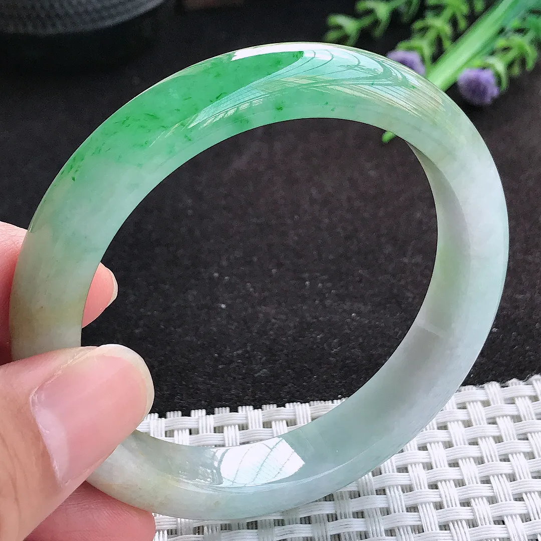 自然光58/12/8.5老坑精美冰润双彩飘阳绿手镯天然翡翠玉镯百搭女款