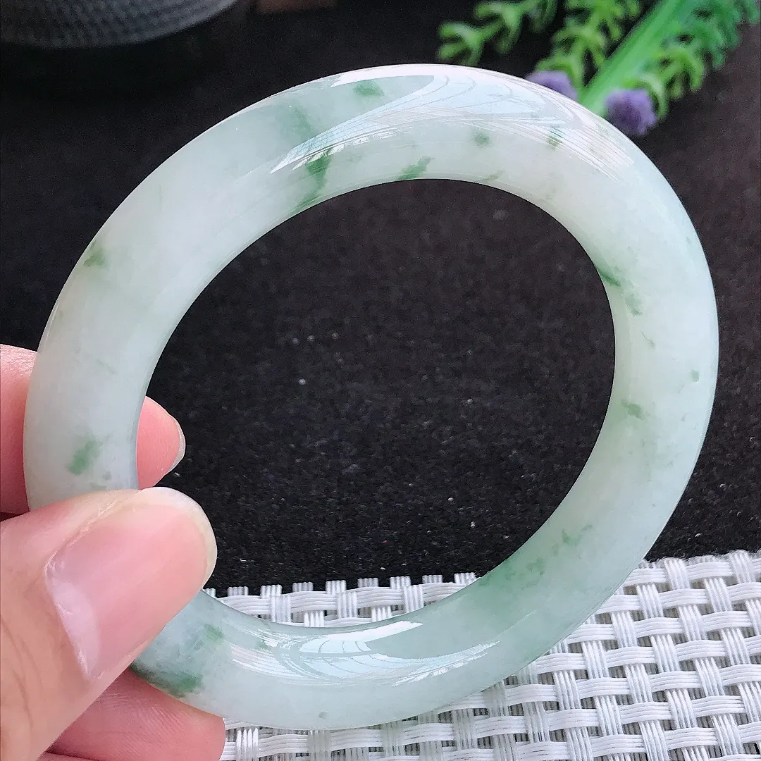自然光54/10.8老坑精美冰润飘花胖圆条手镯天然翡翠玉镯百搭女款