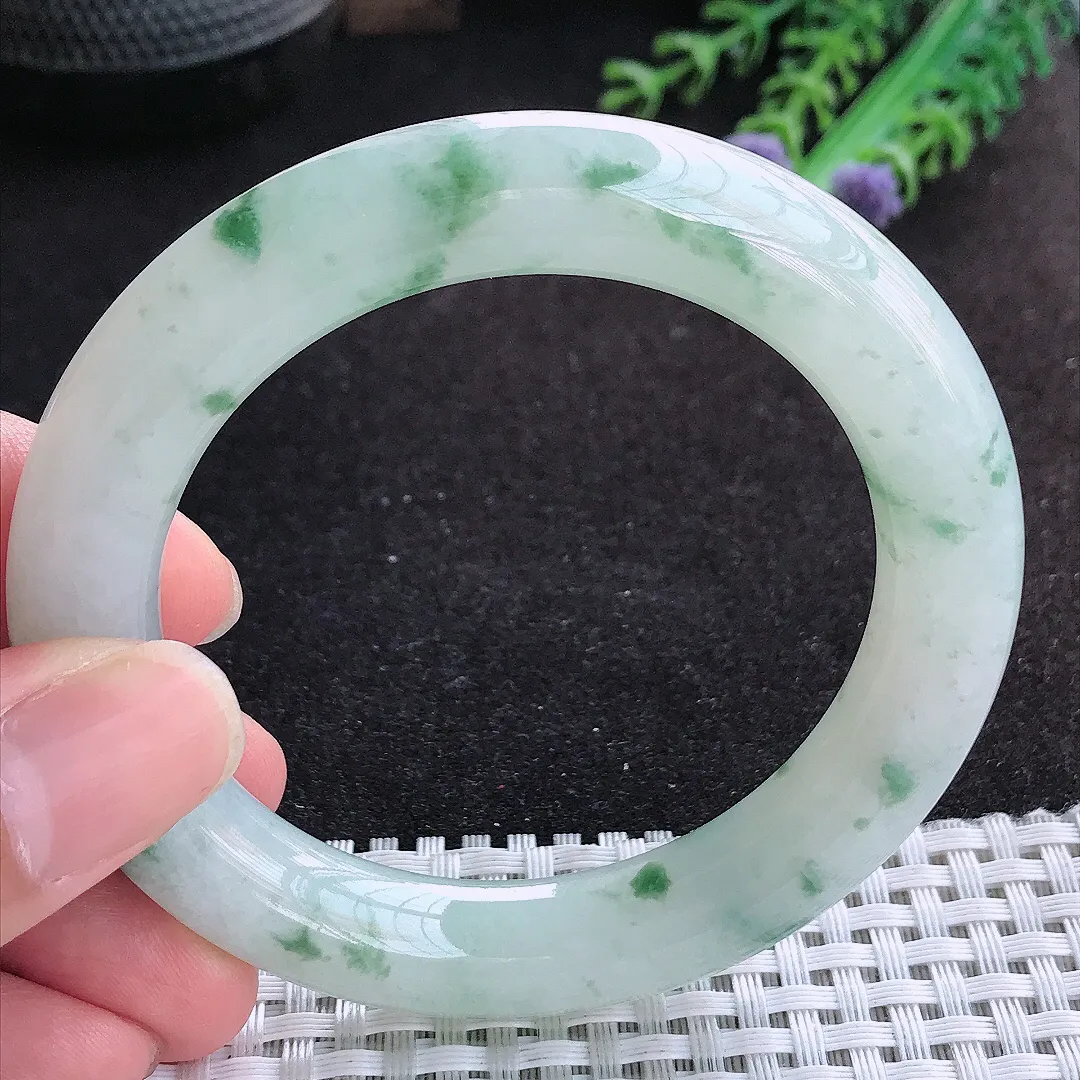 自然光54/10.8老坑精美冰润飘花胖圆条手镯天然翡翠玉镯百搭女款