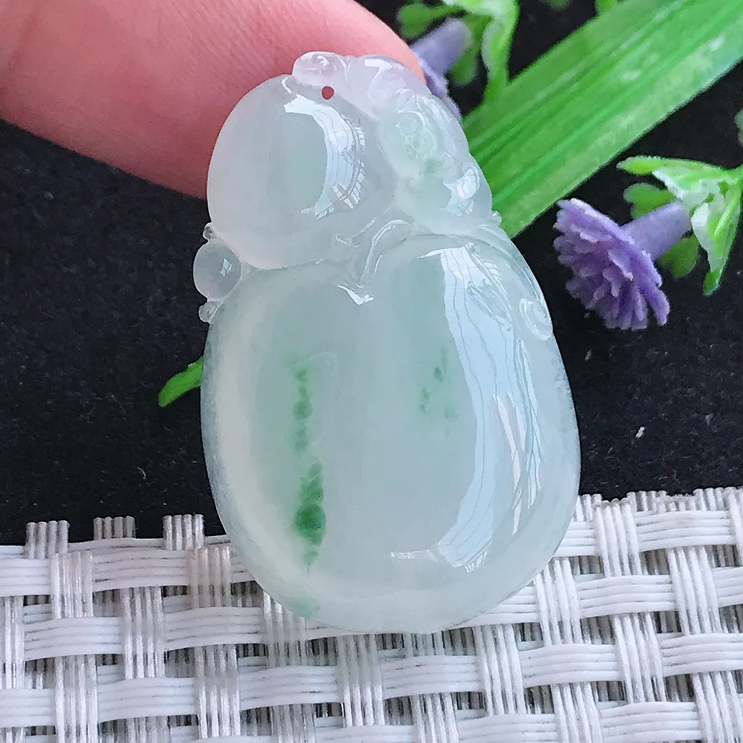 自然光34.7/22/6.6老坑冰胶果冻飘花桃子寿桃吊坠天然翡翠玉坠挂件