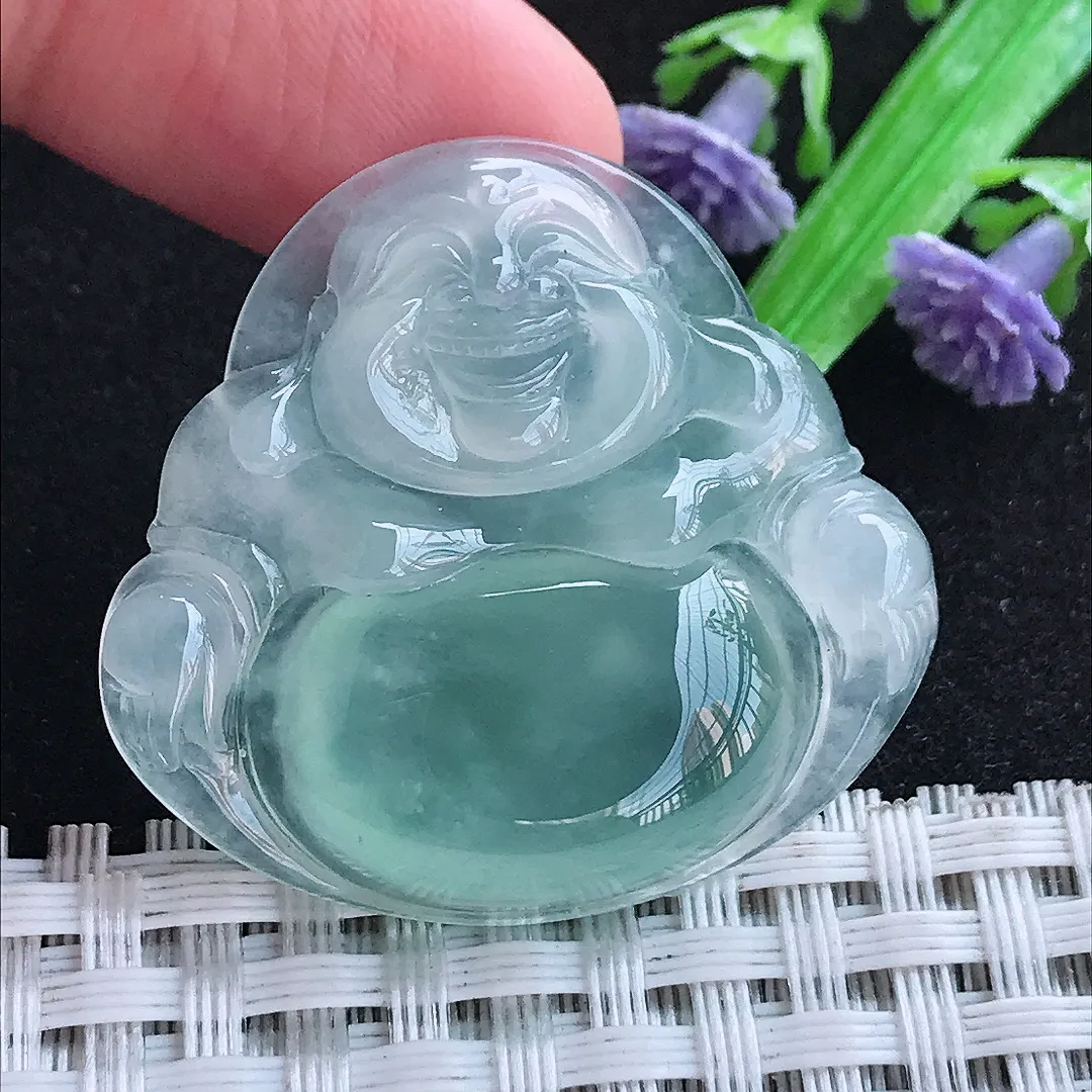 自然光33/35/6.3老坑冰种果冻胶冰纯天空蓝佛公吊坠天然翡翠玉坠挂件