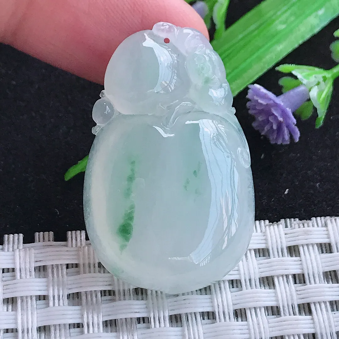 自然光34.7/22/6.6老坑冰胶果冻飘花桃子寿桃吊坠天然翡翠玉坠挂件