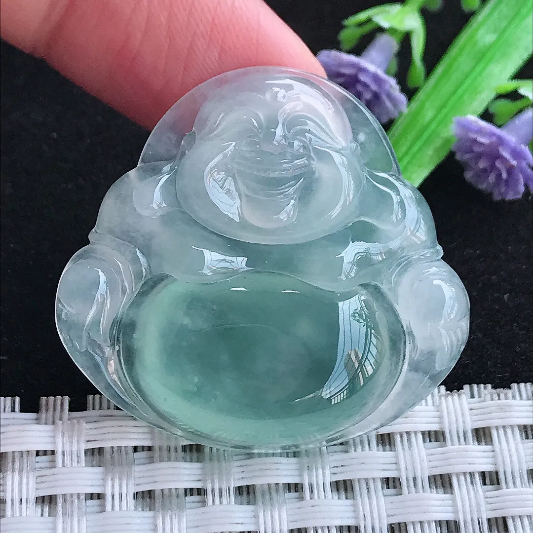 自然光33/35/6.3老坑冰种果冻胶冰纯天空蓝佛公吊坠天然翡翠玉坠挂件
