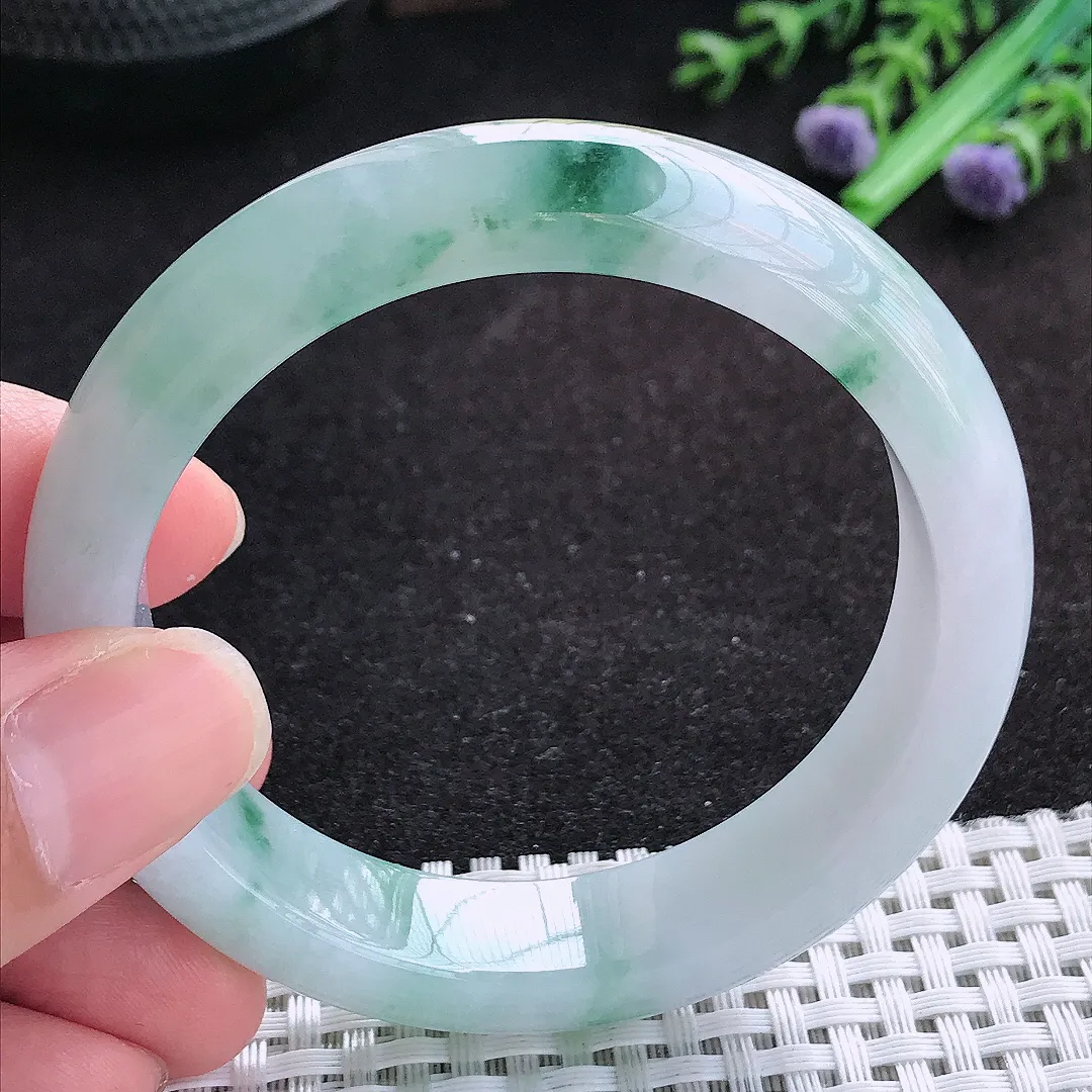 自然光55/13.3/8.4老坑冰润起胶飘花宽边手镯天然翡翠玉镯百搭女款