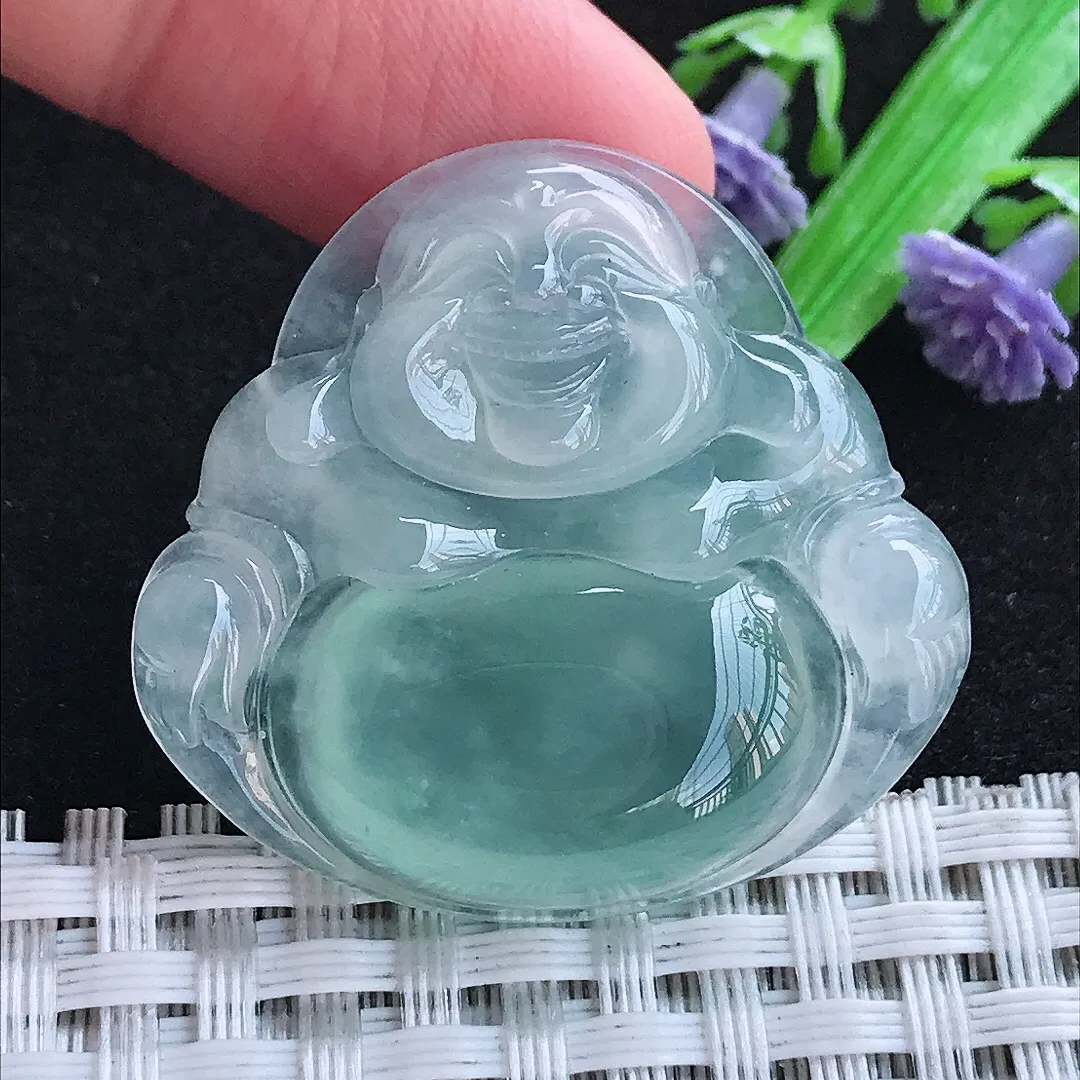 自然光33/35/6.3老坑冰种果冻胶冰纯天空蓝佛公吊坠天然翡翠玉坠挂件