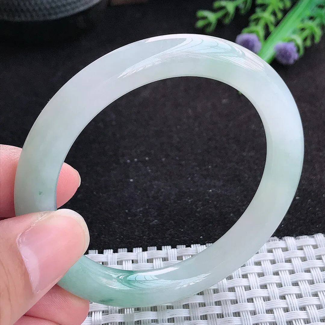 自然光53.5/9.1老坑冰胶果冻冰飘花圆条手镯天然翡翠玉镯百搭女款