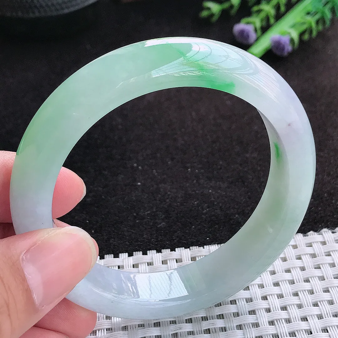 自然光56.5/13.7/8.6老坑冰胶果冻飘阳绿手镯天然翡翠玉镯百搭女款