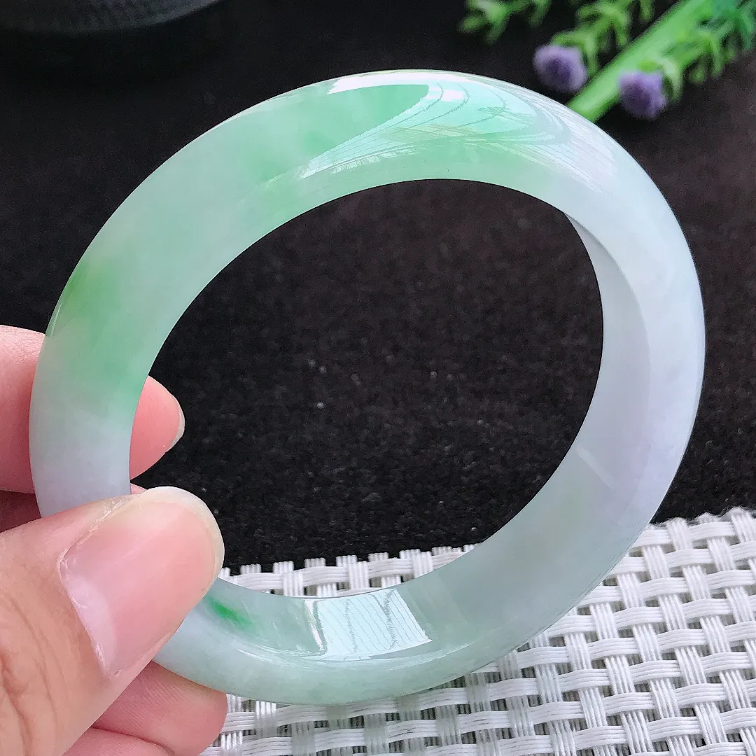 自然光56.5/13.7/8.6老坑冰胶果冻飘阳绿手镯天然翡翠玉镯百搭女款