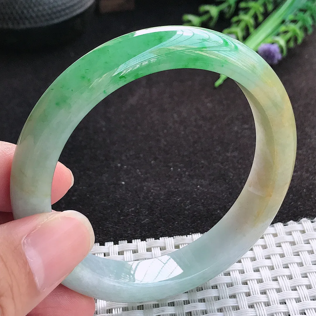 自然光58/12/8.5老坑精美冰润双彩飘阳绿手镯天然翡翠玉镯百搭女款